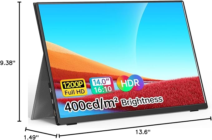 WGK Portable Monitor 14 Inch FHD1200P Ultra-Slim for Laptop Monitor, USB-C HDMI Plug&Play,100% SRGB External monito,Dual Speakers Extender Display. with Stand for Laptop,PC Phone Xbox PS4/5