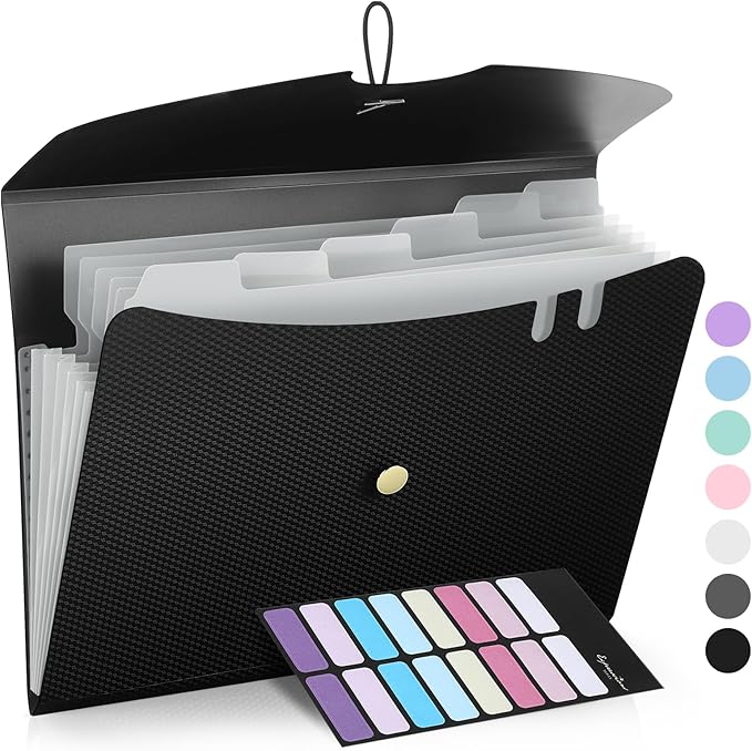 Sooez 7 Pocket Expanding File Folder, Premium Accordion File Organizer, Letter Size Folders for Documents, Sleek Filing Folders with Bungee Closure, Portable Folders for School Office Supplies, Black