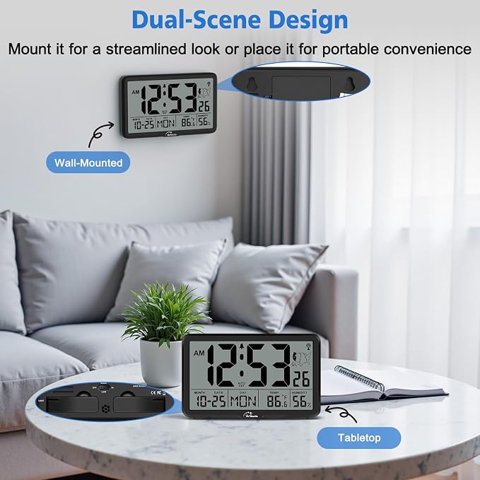 WallarGe Atomic Wall Clock with Backlight, Battery Operated | Large Digital Display, Indoor Temperature, Humidity, Date, AUTO DST, 6 Time Zones