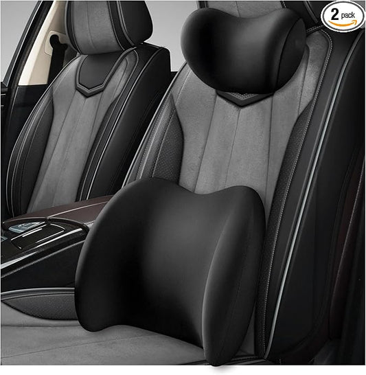 2 PCS Car Headrest & Lumbar Support Cushion, Ergonomic Memory Foam Lumbar Pillow Neck Rest Cushion, Breathable Back Pillow & Headrest Support for Driving Seat, Car Accessories (Black)