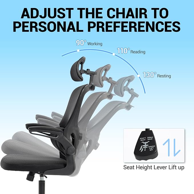 Ergonomic Office Chair with Flip-up Arms, Black | Home Desk Chair w/ Coat Hook, Adjustable Headrest and Lumber Support, Mesh Computer Gaming Chair, 330 LBS