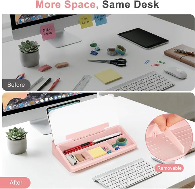 WALGLASS Small Desktop Whiteboard with Storage, Glass Desk Dry Erase White Board Computer Keyboard Stand with Drawer, Desk Organizers with Accessories for Office, Home, School Supplies Pink