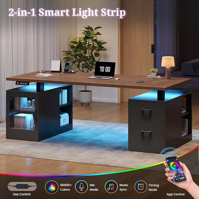 UPOSOJA 71 in Executive Standing Desk, Electric Height Adjustable Desk with Storage Drawers, Glass Cabinet, Shelves, Power Outlet, LED Light, Wood Sit Stand up Computer Desks for Home Office (Black)
