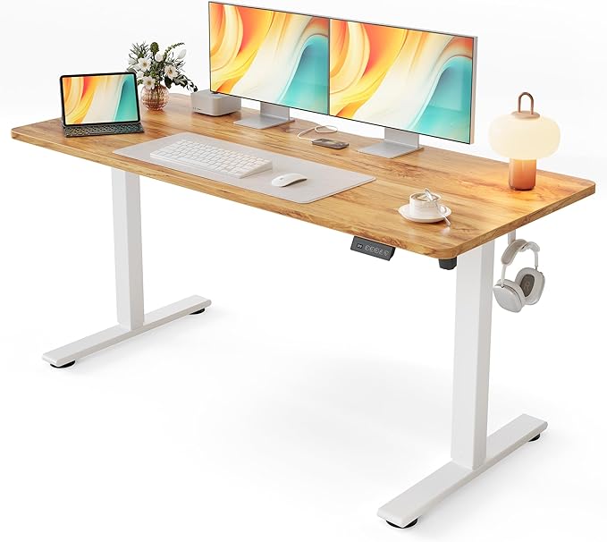 Cubiker Standing Desk, 55x24 Inches Sit Stand Home Office Desk, Electric Stand up Desk, Adjustable Desk with Splice Board, White Frame/Light Rustic Top