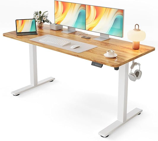 Cubiker Standing Desk, 55x24 Inches Sit Stand Home Office Desk, Electric Stand up Desk, Adjustable Desk with Splice Board, White Frame/Light Rustic Top
