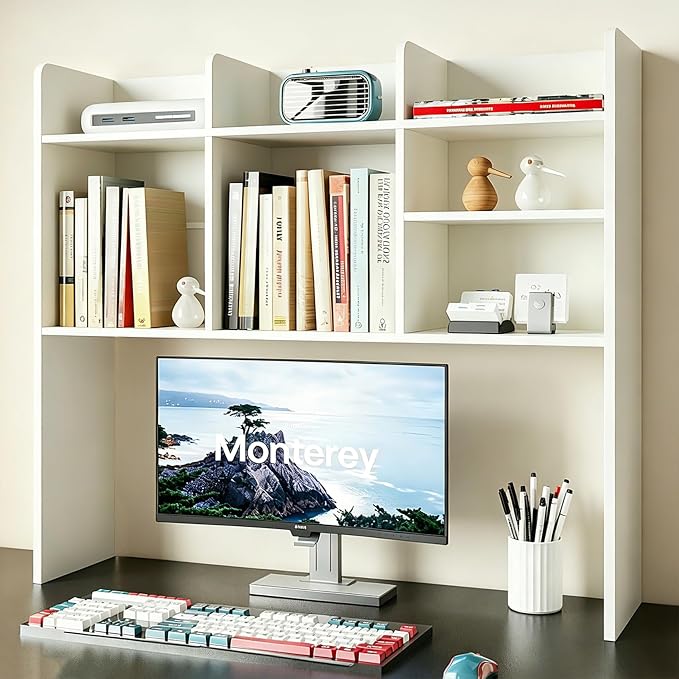 ChooChoo Desk Hutch Dorm, Desktop Bookshelf with 7 Shelves | Desktop Shelf, Bookshelf Storage for College Dorm Office Home, White