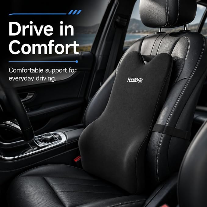 Teemour Lumbar Support Pillow for Car Seat, Memory Foam Back Support Pillow with Adjustable Straps, Medium Soft Car Back Cushion for Driving, Truck, SUV, Office Chair, Black