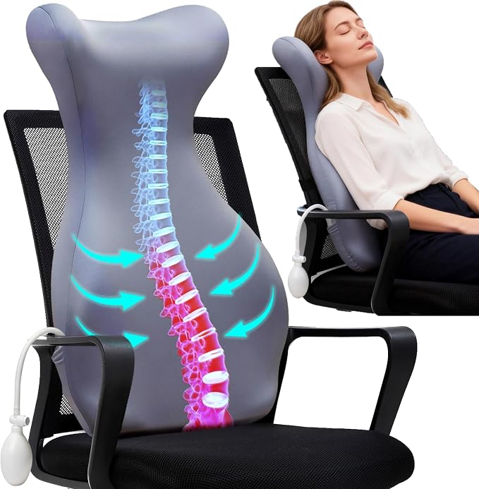 27.7'' Adjustable Airbag Full Back Lumbar Support Pillow, Back Pain Relief | High Memory Foam Lumbar Cushion for Office Chair Upper Lower Back Pain Relief, Improves Posture for Desk, Gaming Chair, Couch