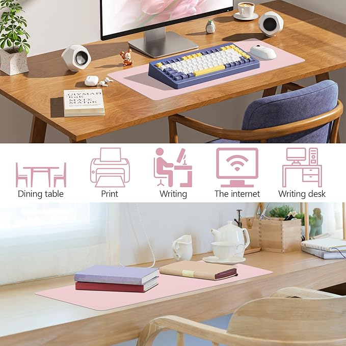 Pink Desk Mat, Leather Desk Pad Protector, Non-Slip Office Computer Mat, Waterproof Desktop Mat for Keyboard and Mouse, Pink Desk Accessories for Women, 23.6"x13.7"