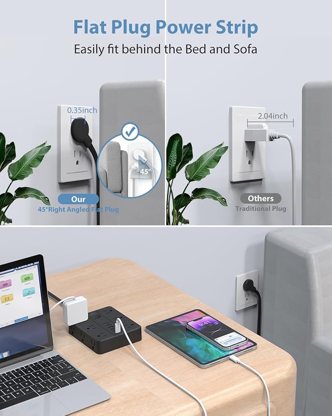Power Strip Flat Plug with 12 Outlets 6 USB(2 USB C),SMNICE Surge Protector Charging Station with Overload Protection,5ft Extension Cord Widely Spaced Multiple Outlets for Home Office Dorm,Black