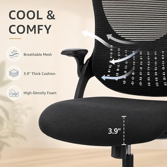 Black Ergonomic Office Chair, High Back Mesh Desk Chair with Adjustable Headrest Lumbar Support, Computer Chairs with Flip-up Armrests and Thickened Cushion for Adults Home Office, 360° Swivel