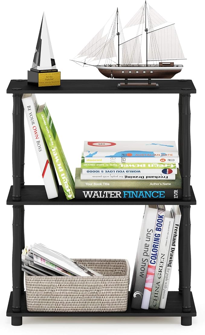 Furinno TURN-N-TUBE Storage Shelves, 3-Tier Book Shelf, Corner Shelf, Toolless Open Shelves, for Organization and Storage, Living Room, Garage, Home Office, Americano