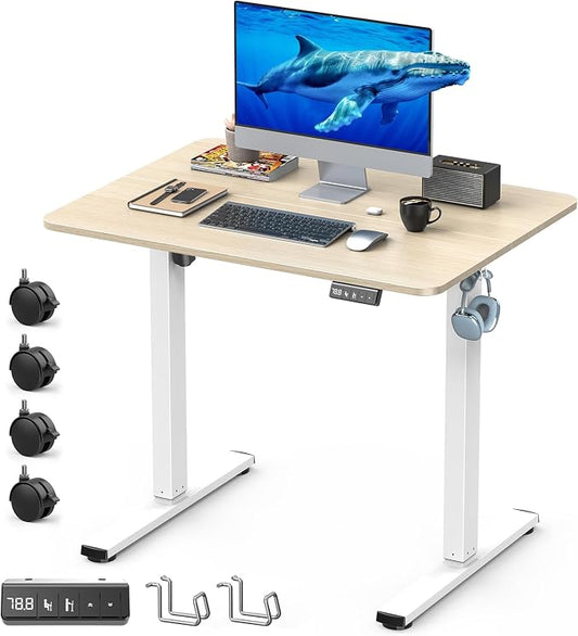 32" Small Rolling Electric Standing Desk Adjustable Height for Home Office | Mobile Sit Stand up Desk with Lockable Casters for Computer Workstation, Memory Preset, 2 Hooks, White Frame/LightWalnut Top