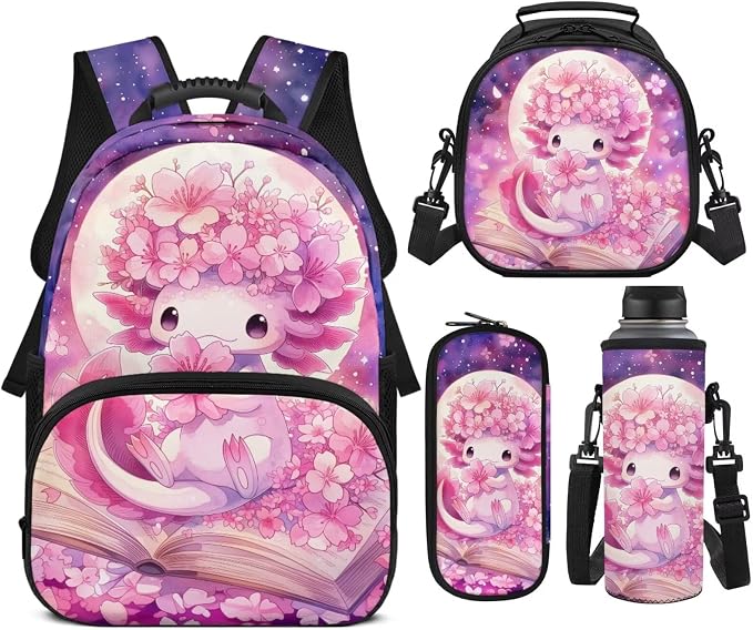 Girls Backpack Set 4PCS: Cute Cherry Blossoms Axolotl Bookbag with Lunch Bag, Pencil Case & Water Bottle Sleeve - 17 Inch for Elementary School Kids Ages 6-8 Back to School