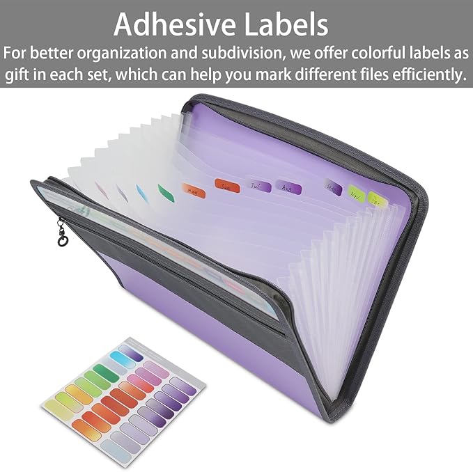 NAFY Accordian File Organizer, 13 Pockets Expanding File Folder with Zipper, A4 Letter Size Portable Accordion Expanding File Folders with Multicolor Labels for Office School Supplies (Black+Purple)