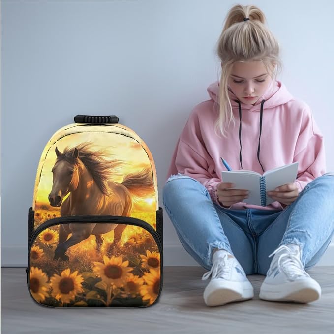 Ystardream Prancing Horse Backpack and Lunch Bag Set for Girls School Bags for Teens Kids Elementary Middle School Backpack Bookbag with Spacious Interior Storage for Both Travel and School Use