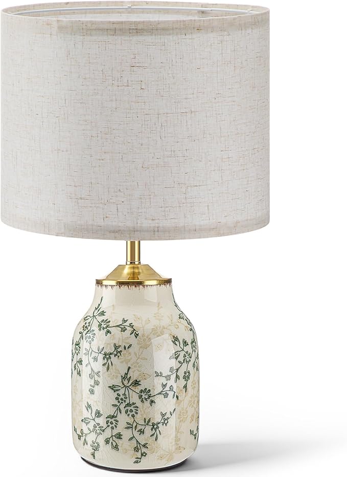 Tellingyou 1 Pcs 21" Vintage Green Ceramic Lamp with Beige Linen Shade Farmhouse Modern Table Lamp Ice Cracked Rose Floral for Bedroom Living Room Office Dorm Desk Table Rocker, Bulbs Not Included