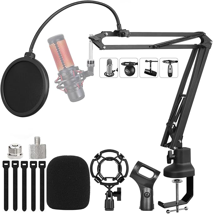 Boom Arm Suspension Mic Heavy Duty Microphone Arm for Blue Yeti, Hyperx Quadcast, Adjustable Boom Mic Stand Desk with Pop Filter, 1/4“-3/8“-5/8“ Adapter, Mic Mounts,Broadcast