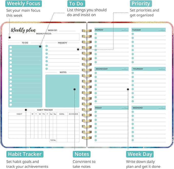 Taja Undated Weekly Planner, Weekly To Do List Notebook with Goal & Habit Tracker Organizer, A5 Weekly Planner Notebook with Spiral Binding, 6.1" x 8.2" - Color Splash
