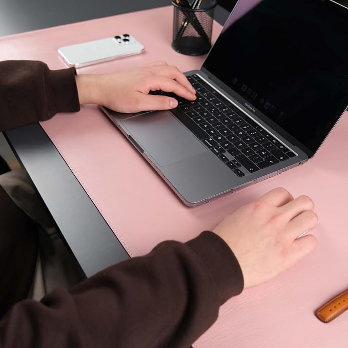 Jersey Genuine Calfskin Leather Desk Pad, Office Desk Mat with Non-Slip Bottom, Smooth Surface for Mouse & Keyboard, Desk Protector (36x19 inches) (Pink)