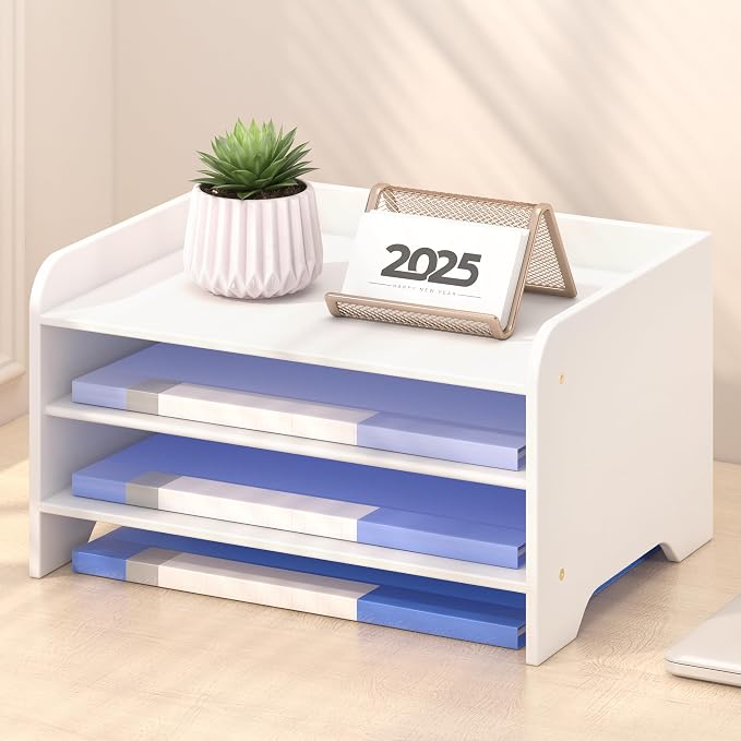 Bamboo File Organizer for Desk, Desktop Paper Tray and Mail Holder | Three open tiers keep A4/letter paper, folders, bills and mail sorted, visible and easy to reach while saving desk space