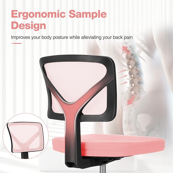 Sweetcrispy Small Desk Chair, Ergonomic Low-Back Mesh Rolling Work Swivel Chairs with Wheels, Armless Comfortable Seat Lumbar Support for Home, Bedroom, Study, Student, Adults,Classic Pink