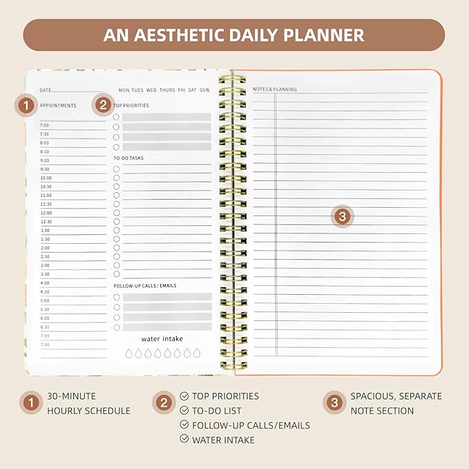 Undated Daily Planner - Spiral Notebook 80 Days One Day Per Page, Hourly Schedule, To-Do List, Notes, Everyday Planning Task, A5 Hardcover Journal Organizer Book Women Cute Aesthetic, Summer