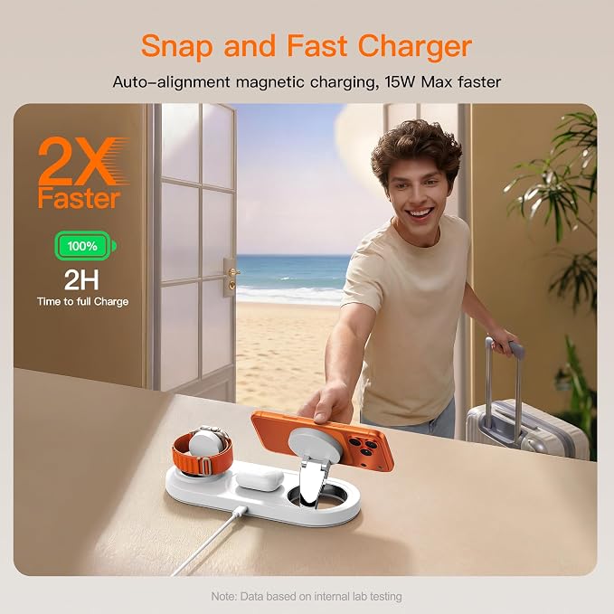 15W • Metals • Travel Ready,Magnetic 3 in 1 Wireless Charging Station,for iPhone17-12,Fast 5W Charger for Apple Watch AirPods,Foldable Stand MagSafe Charger Dock for Nightstand Desk Travel