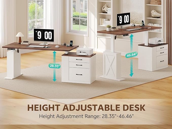 75.5'' Electric Standing Desk with Drawers, Farmhouse Height Adjustable Corner Desk, Sit Stand Office Desk with 4 AC Outlets & Type C Port, Executive Computer Desk, Brown & White