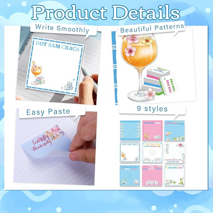 Mahjong Sticky Notes Gifts - 9 Pack Mahjong Notepads 3x3 Inch Gifts for Mah Jong Lovers, Mah Jong Cocktail Memo Pads Office School Supplies for Friends Coworkers (450 Sheets)