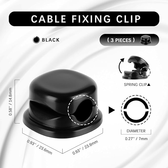 7mm Spring Cable Holder Clips, 3 Pack Desk Cord Organizer, Black | Compact cord clips blend into desk edges, bedside tables and car interiors; reduce cord clutter without taking much space