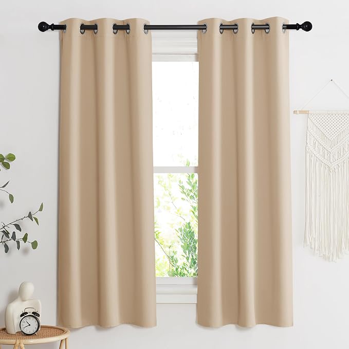 NICETOWN Room Darkening Blind Shade for Kids Bedroom, Biscotti Beige, Single Panel, 34 x 63 inch, Triple Weave Home Decoration Light Blocking Solid Ring Top Curtain/Drape for Small Window