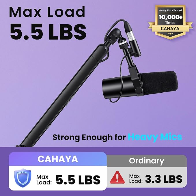 CAHAYA Mic Stand Boom Arm - Low Profile Adjustable Microphone Arm Stand with 3.5" Extension Pole Desk Clamp Screw Adapter for Streaming Gaming Black