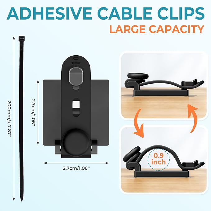 Kanemc 20PCS Cable Management Kit Adhesive Cable Clips | 20 Adjustable Cable Holders,20 Zip Ties,20 Screws&10 Extra Cable Straps, Cord Organizer for Home Office Under Desk Behind TV