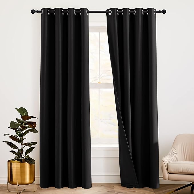 RYB HOME Soundproof Divider Curtains Blackout Curtains for Living Room Bay Window, Inside Felf Linings Insulted Heat Noise Shade Drapes for Sliding Glass Door, W 52 x L 95 inches, Black, 2 Pcs