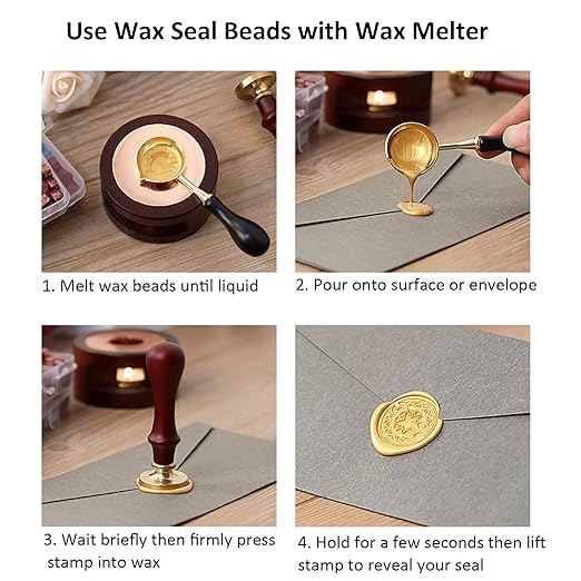 Wax Seal Beads Kit - 300pcs Navy Blue Sealing Wax Beads with Wood Melting Warmer, Spoon & 10 Mini Candles for Stamp Seals, Wedding Invitation, Envelope, Cards, Gift Wrapping Decorations