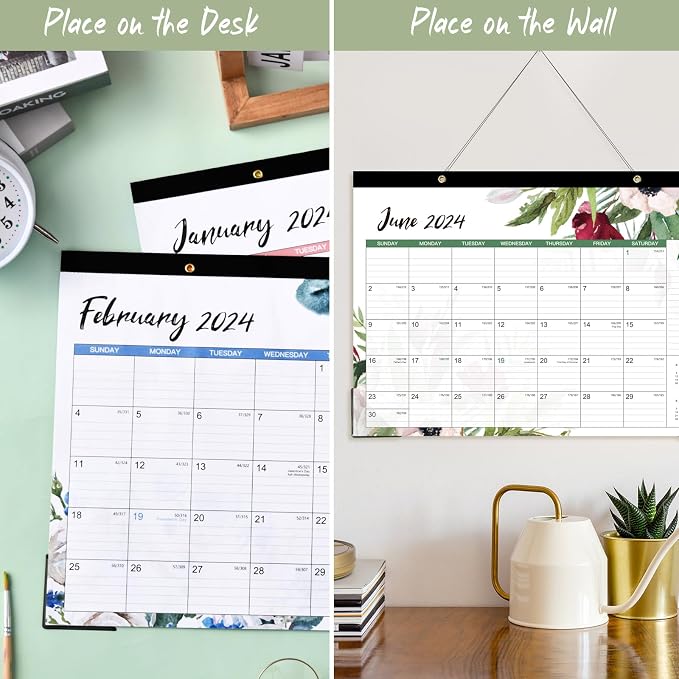 2024 Desk Calendar - Desk Calendar 2024,12 Monthly Desk/Wall Calendar 2-in-1, 16.8" x 12", January 2024 - December 2024, Thick Paper with Corner Protectors, Large Ruled Blocks - Blue Floral