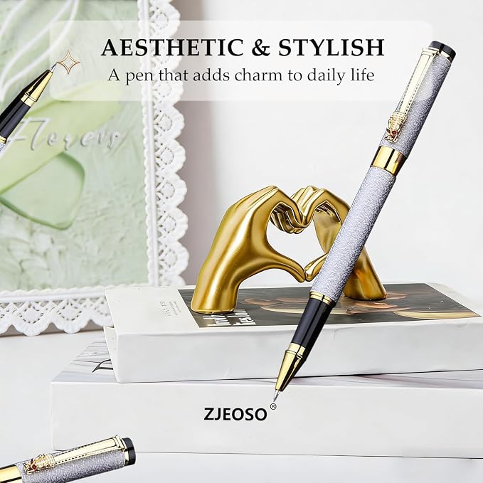 Fancy Pens for Women, Nice Rollerball Pens with Dragon Design, Elegant Gift Pen, Office & Signature Writing Pen, Refillable Black Ink Business Pen (White)