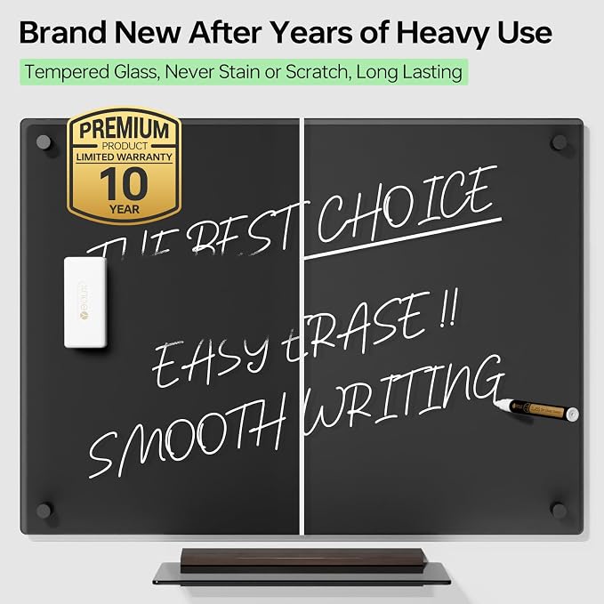 YEOUX Glass Dry Erase Whiteboard - 17"x23" Translucent Black Glass White Board for Wall with Wooden Based Floating Marker Tray, Non-Magnetic Writing Board for Kitchen, Home and Office