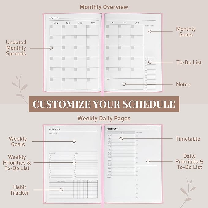 Rileys & Co Undated Daily Planner 8 x 6 in, Day Schedule Planner & Agenda Book, Journal with Goal & Habit Tracker, No Dates Dateless Annual Organizer for Work, School & Home - Pink