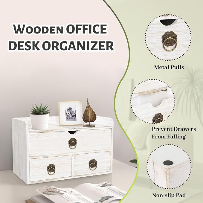 Wood Desk Organizer with Drawer, White Wooden Desktop Organizer, Tabletop Storage Organization Box for Countertop, Home Office Supplies, 13.5x6.6x8.2 Inch(3 Drawer and Shelf)
