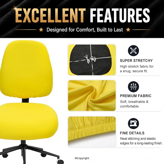 Stretchable Desk Office Chair Seat Covers - Universal Stretch Computer Chair Slipcover - 180GSM Washable Rotating Backrest Coverings & Cushion Protectors for Dogs, Cats, Pets, Yellow