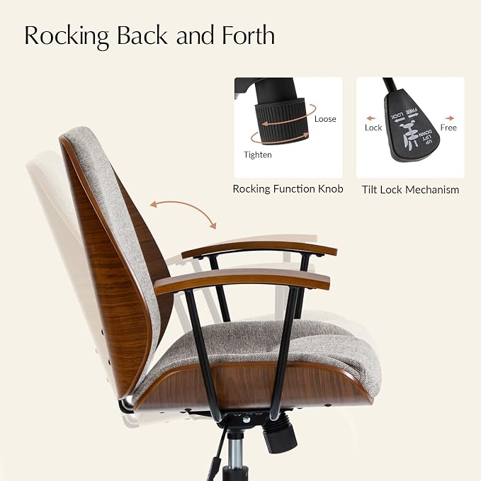 HULALA HOME Solid Wood Office Chair with Tilt Function & Metal Base, Tan | Mid Century Modern Desk Chair with Bent Wood Frame, 360° Swivel Fabric Computer Task Chair, Height Adjustable