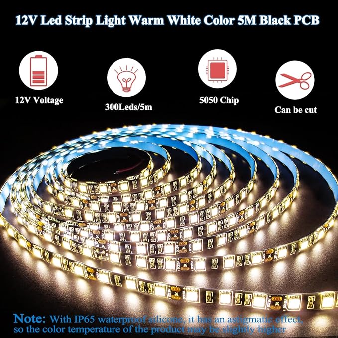 12V LED Strip Light, Warm White 3000K 16.4ft LED Light Strip Black PCB Board SMD 5050 IP65 Waterproof 300 LEDs LED Tape LED Rope Lights for Bedroom, Kitchen Decoration