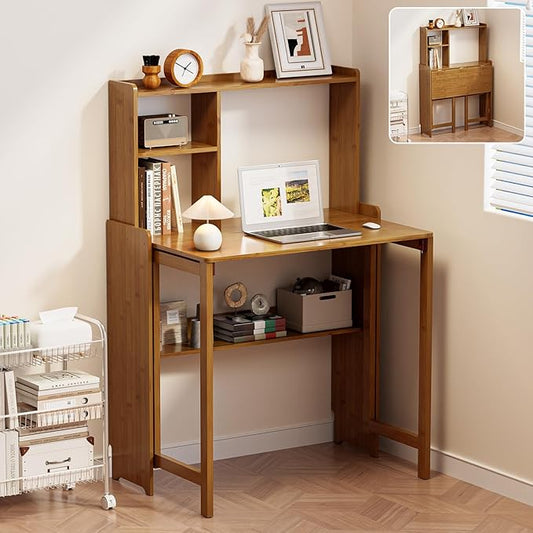 Bamboo Folding Desk for Small Spaces with Storage, Mid Century Foldable Desk with Bookshelf, Small Desks with Storage for Home Office Bedroom, Brown
