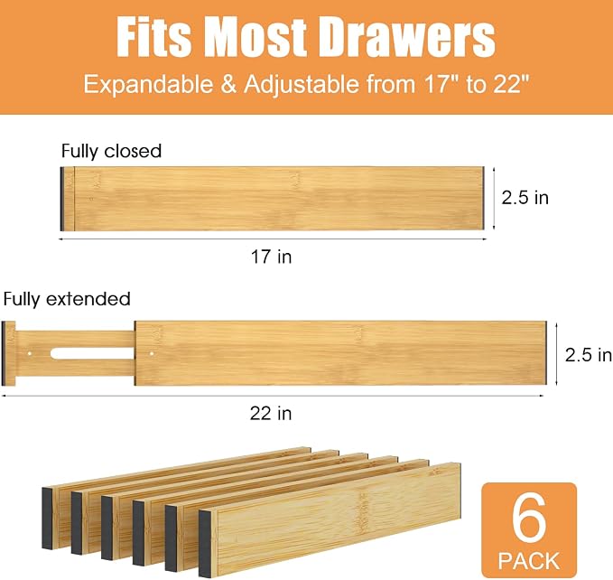Bamboo Drawer Dividers, Adjustable Drawer Organizers, Fits 17.6–21" Drawers | 2.5" High, 6 Pack Expandable Drawer Separators for Kitchen, Nursery, Dressers & Office Storage, Natural