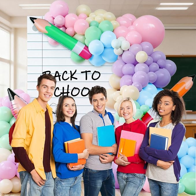 Welcome Back to School Party Decor Rainbow Balloons Arch Kit with Pencil Balloon Backdrop Giant Inflatable Pencil Notebook Photo Props for First Day of School Kindergarten Classroom Supplies(Pastel)