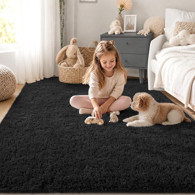 Zentavio Area Rugs for Living Room Small Carpet for Bedroom Black 3x5 Bedside Washable Soft Fluffy Shag Aesthetic Plush High Pile Throw Rug for Nursery Kids Room Dorm Room