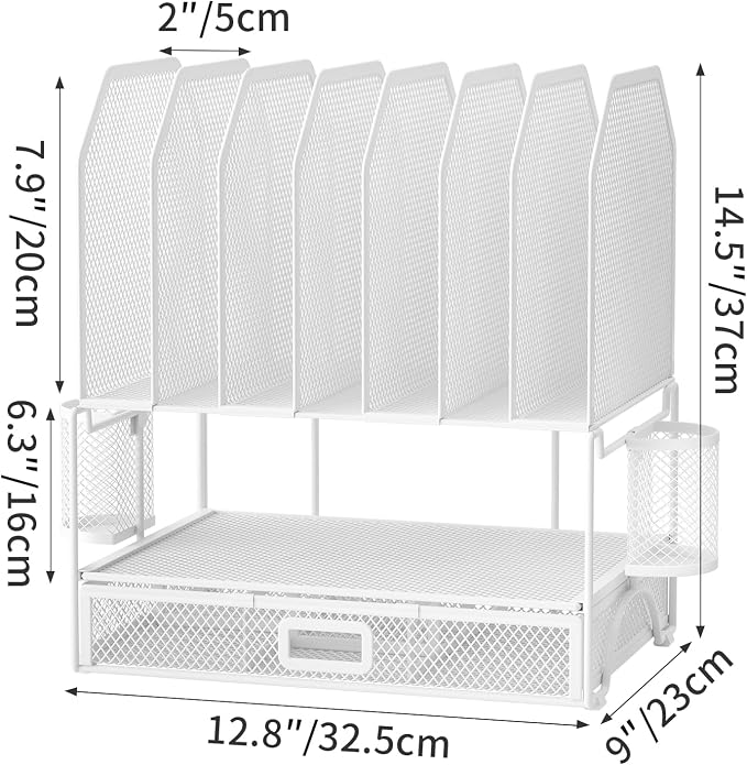 FANXIYQ Metal Desk Organizer with Sliding Drawer, 7-Section File Organizer for Desk, Desktop File Folder & Paper Organizer with 2 Hanging Pen Holders, Office Supplies Organizer, White