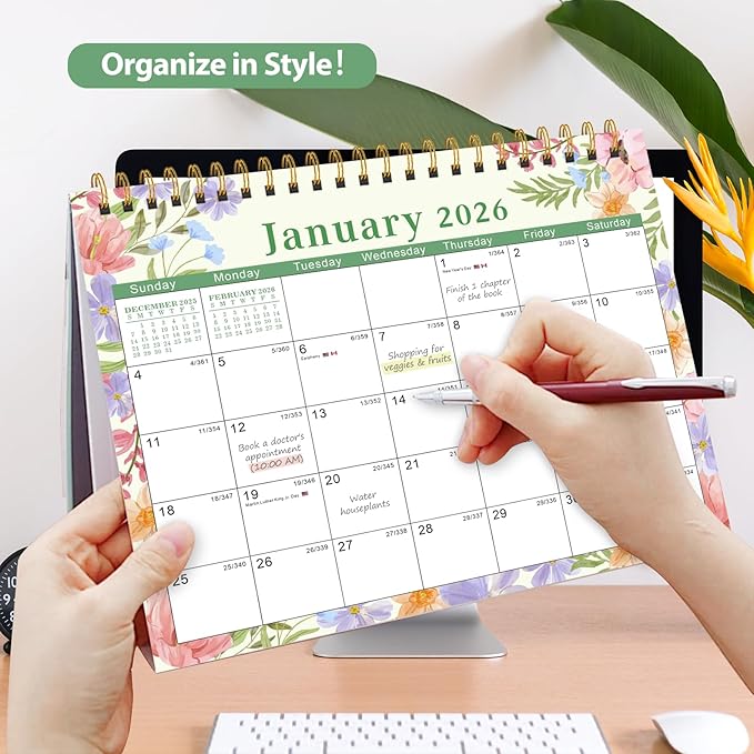 Desk Calendar 2026, Desktop Calendar 2026 Standing Flip Cover 12 Month(January - December), Small Desk Planner with Stickers & Notes for Office Accessories and Home School Supplies, 8" x 6", Floral